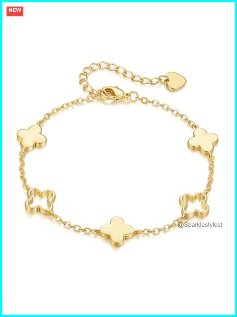 14K Gold Plated Clover Link Bracelet Adjustable Cable Chain Women
